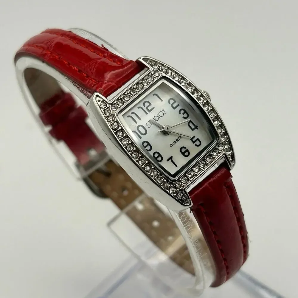 Studio Time Mother Pearl Crystals Red Band Women’s Watch Working New Battery